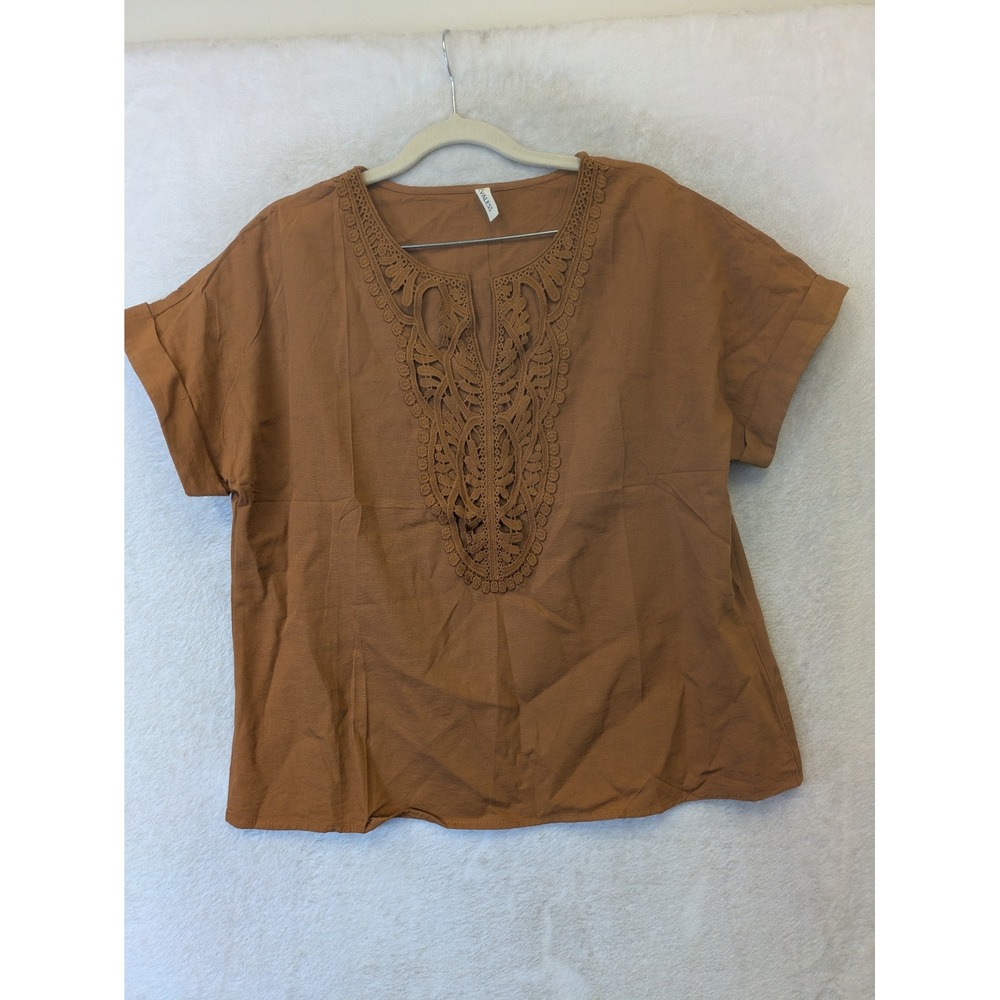 Evaless Blouse Women's Medium Rust Crochet Lace Bib Boho Short Sleeve Top